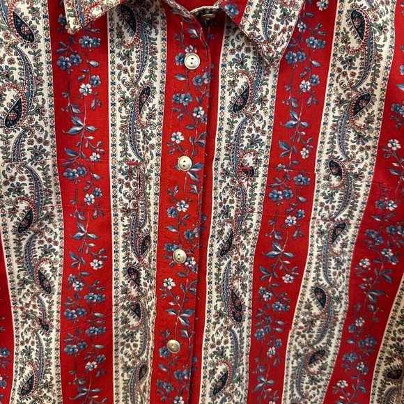 Vintage 80's Liz Wear Paisley and Floral Red Blue Cotton Blouse Shirt Size Large - Picture 4 of 9